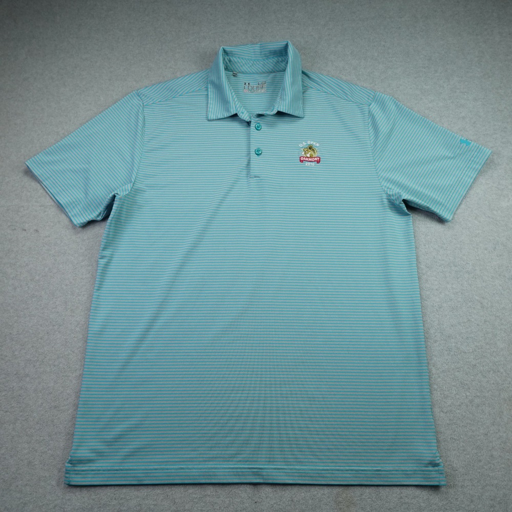 Under Armour Polo Shirt Mens L Blue Striped Golf 2016 U.S. Open Oakmont
